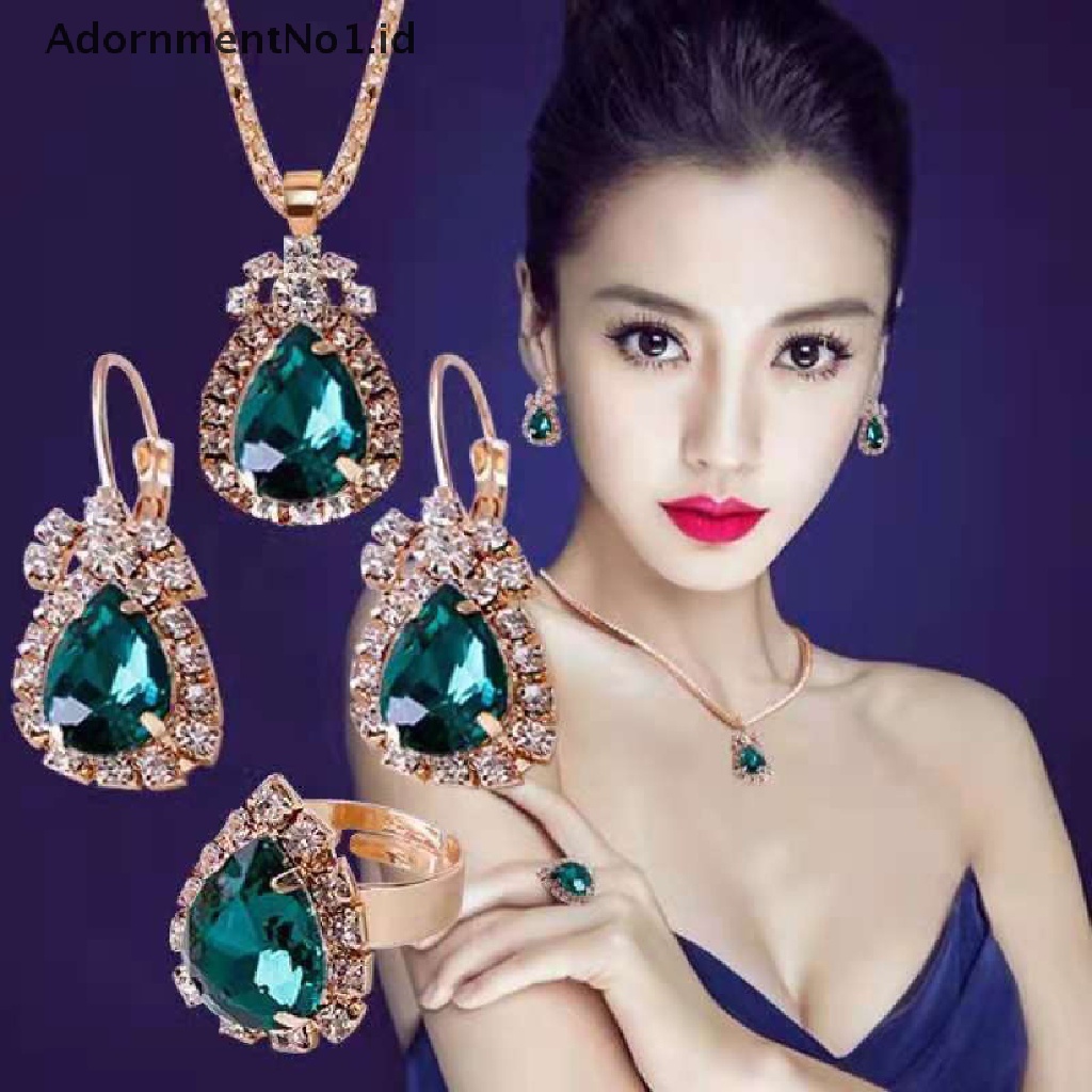 [AdornmentNo1] Fashion Eropa Amerika Perhiasan Liontin Anting Cincin Set Pengantin Dekorasi Hadiah Tetesan Air Berlian Kalung Anting Rings Set [ID]