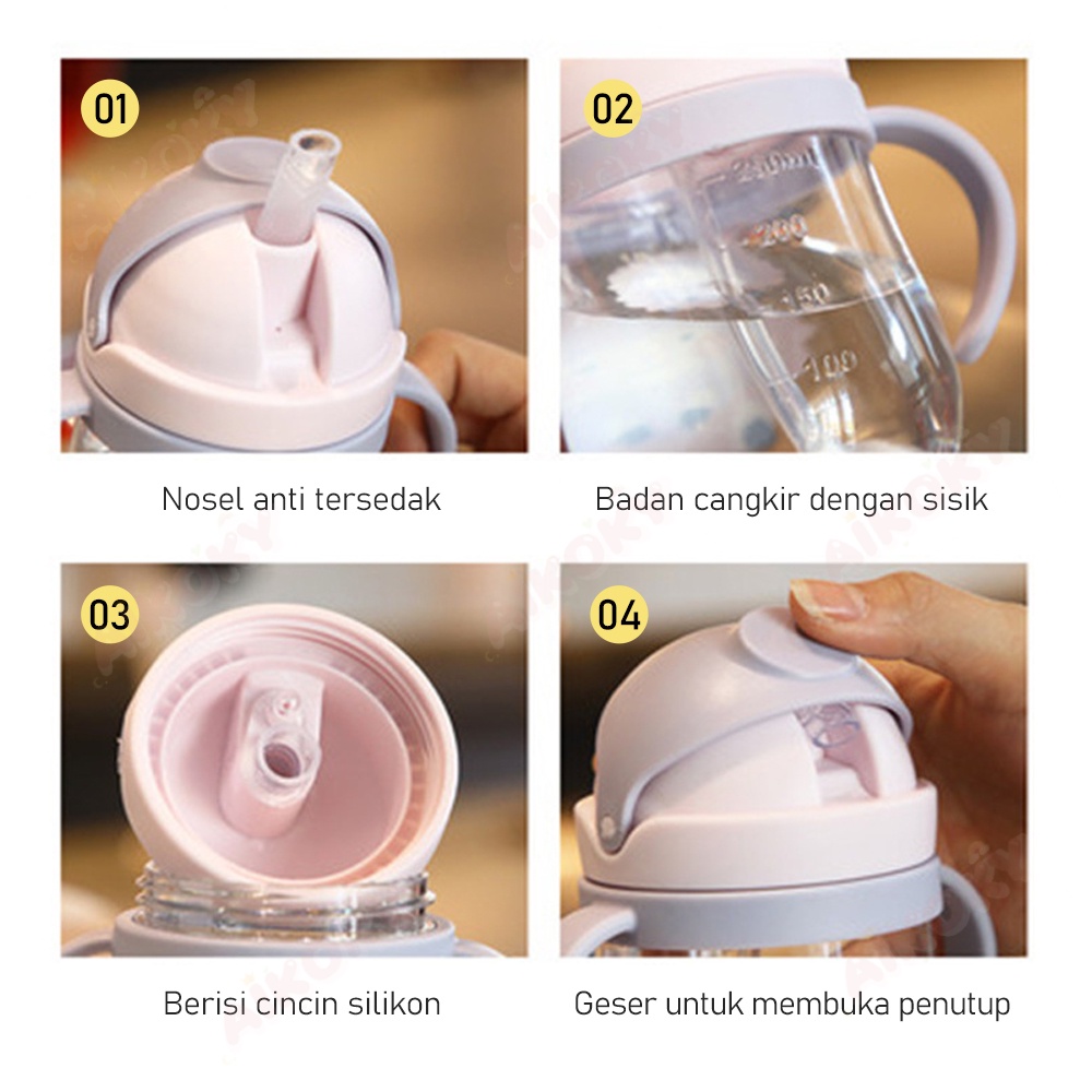 AIKOKY Botol Minum Anak Bayi Training Cup Sedotan Anti Tumpah dan Anti Pecah Baby Sippy Cup 250ML