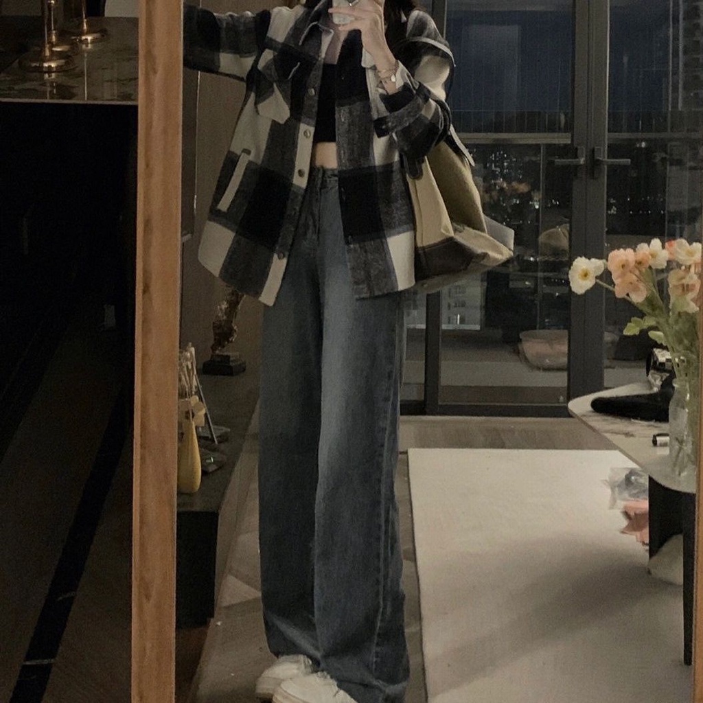 Musim gugur dan musim dingin kemeja lengan panjang kotak-kotak desain wanita niche rasa kemeja longg