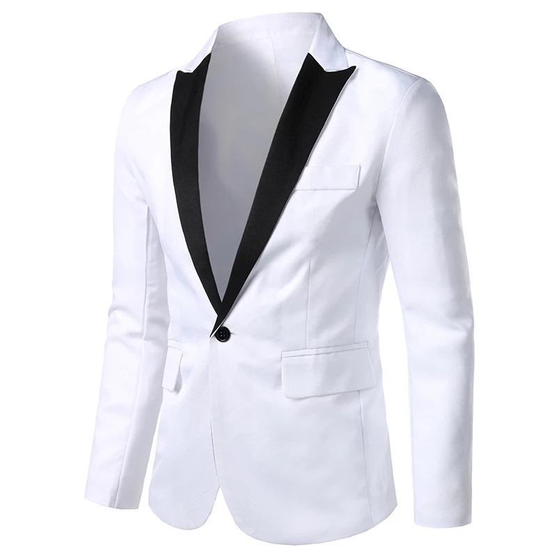 Blazer Slimfit Korea Pria Warna Putih Kerah Hitam Model Kancing 1 Bahan High Twist Original Nikayu