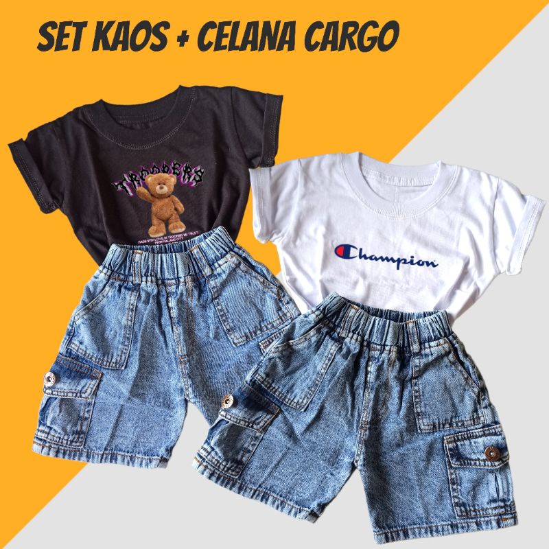 SET KAOS ANAK LAKI-LAKI + CELANA CARGO JEANS