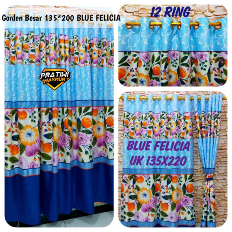 Kain Lembut Gorden Smokring Besar Tirai Jendela Pintu Ukuran 135×220 Blue felicia