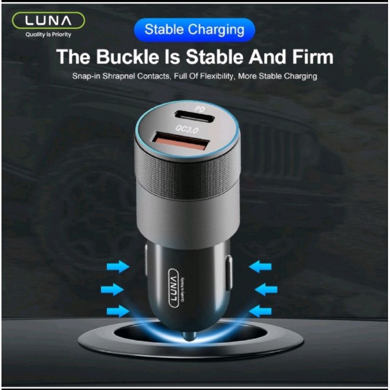 LUNA R1B3 CAR CHARGER COLOKAN MOBIL 2 PORT USB TYPE-C FAST CHARGING PD 36W QC 3.0 QUALCOMM