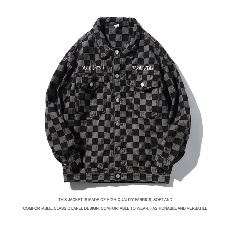 National Fashion American High Street Papan Catur Kotak-kotak Jaket Denim Pria Korea Tren Fashion   