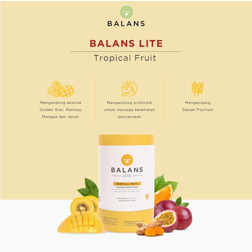 

BALANS LITE Fiber & Probiotics Drink rasa TROPICAL FRUIT, 1 Tube Box Isi 14 Sachet - BPOM registered