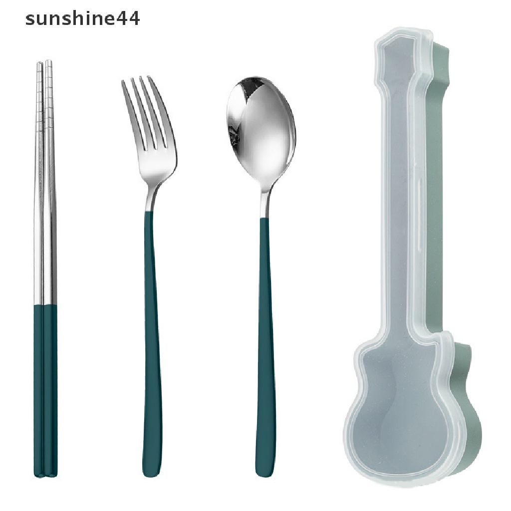 Sunshine 3Pcs Set Alat Makan Garpu Sendok Sumpit Makan Set Travel Sendok Garpu Kotak Gitar.