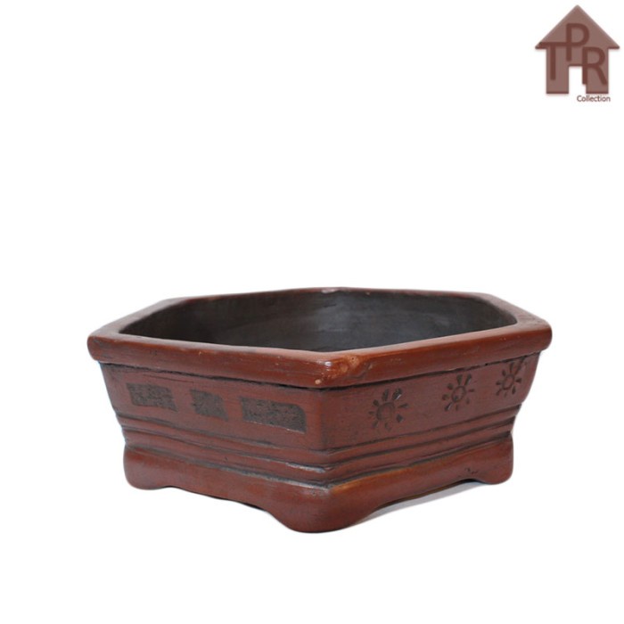 Terakota | Pot Tanah Liat / Pot Bonsai Segi-6 Motif Sulur S-M-L