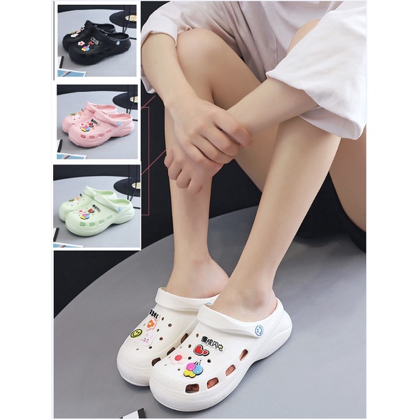 Sandal Crocs Berhak / Wedges Heels Hils Hee Lobang Kodok Medis Suster Karet ANTI SLIP Korea Slip on Slop Flip Flop Flat Casual Kasual Biasa Classic Clog Bae Tebal 520