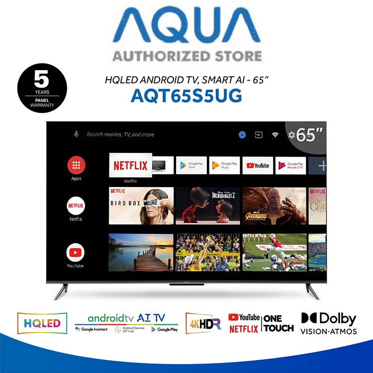 Aqua Japan HQLED Android TV Smart AI 65 inch AQT65S5UG | 4K HDR DOLBY VISION ATMOS