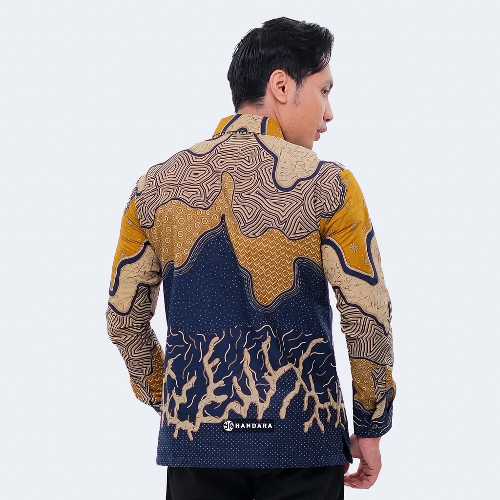 Handara Batik Pria Lengan Panjang Slim Fit Premium Horizon Biru Mustard HB-298