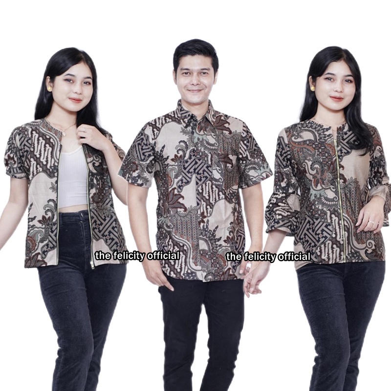 Couple Batik Wanita Resleting Depan Kemeja Pria Lengan Pendek