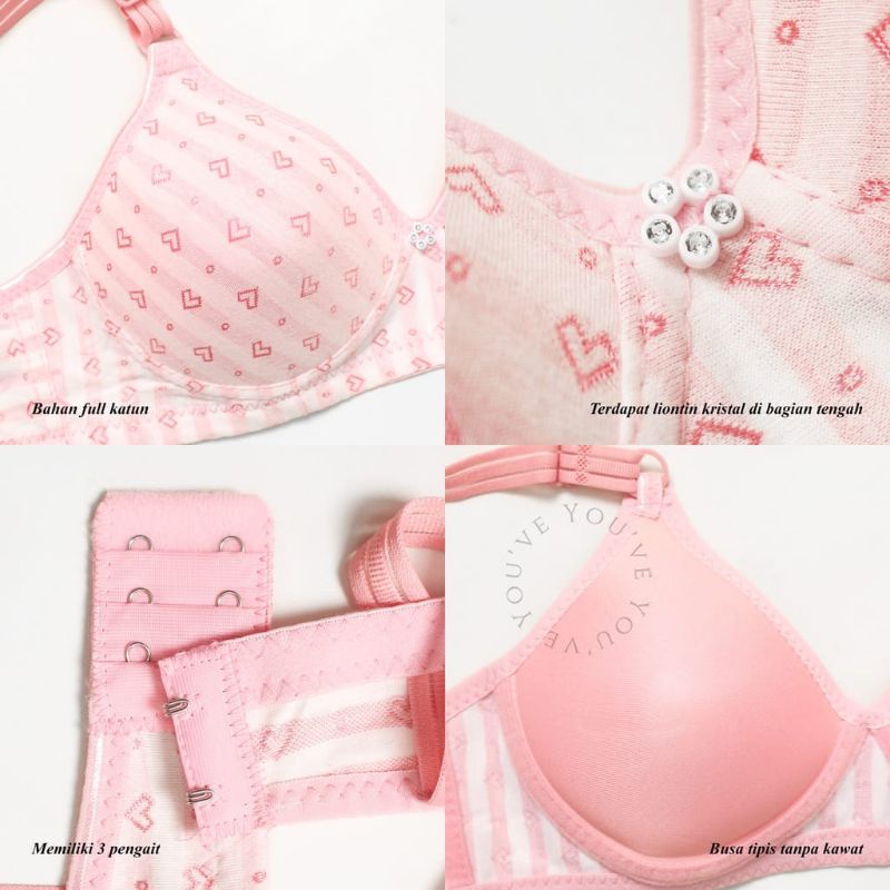 BRA You'Ve 100095 | Bra Busa Bahan Kaos Tanpa Kawat | BH Remaja Motif Hati | Pakaian Dalam