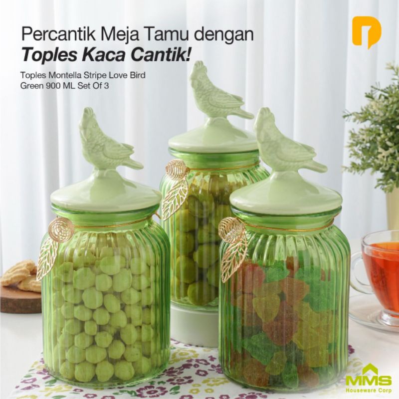 Toples Kaca | Toples Kue Lebaran | Kedap Udara Montella Stripe Love Bird 900 ml Hijau