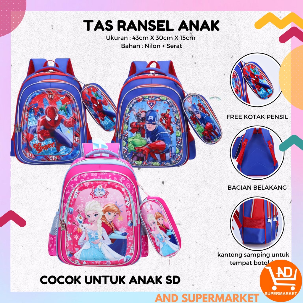 AND / COD / Tas Ransel Anak Sekolah TK SD Backpack Motif Karakter Tas Sekolah Anak Perempuan Import Tas Sekolah Anak Cowok Murah T266