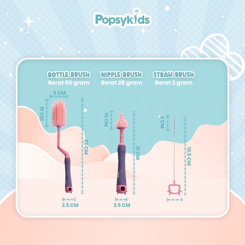 Popsykids Silicone Bottle Brush Set 3 in 1 | Sikat Botol Bayi Silikon 3 in 1 BPA Free