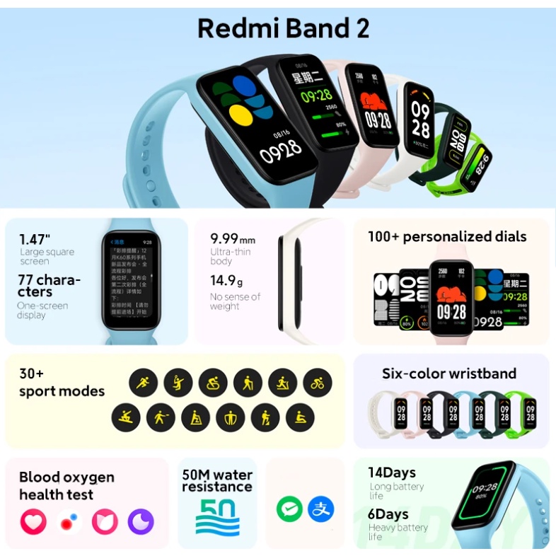 Xiaomi Redmi Band 2 Layar 1.47&quot; 30+ Mode Olahraga Tahan Air 5ATM Baterai Hingga 14 hari 100+ Tampilan / Band 2