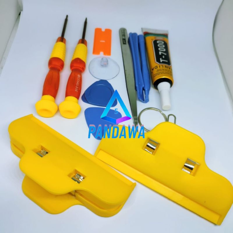 satu set lengkap service handphone - 1 set obeng + 2 penjepit lcd dan satu lem T7000