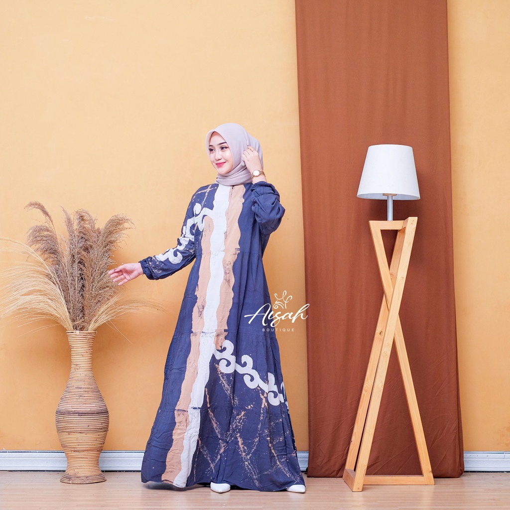 Gamis rayon super premium motif lukis dan abstrak busui friendly