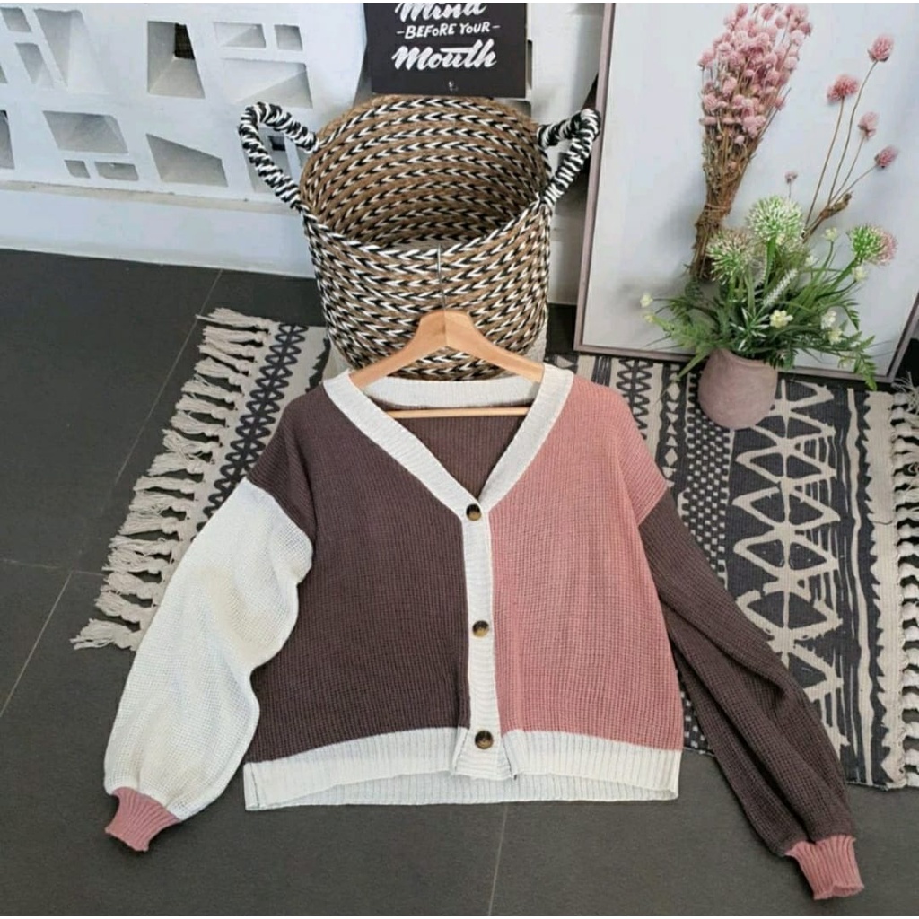 Cardy Two Tone / Cardigan Rajut Combine 3 Warna Tebal 7 Gate Premium