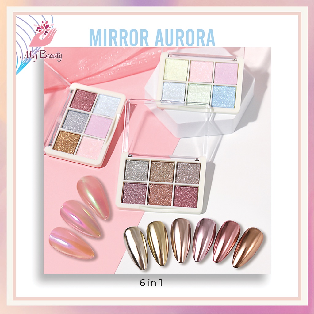 MSY Set 6pcs Bubuk Aurora/Bubuk Chrom Powder Pearl/Nail Powder Bubuk Mirror Chrome Aurora Nail Art Powder