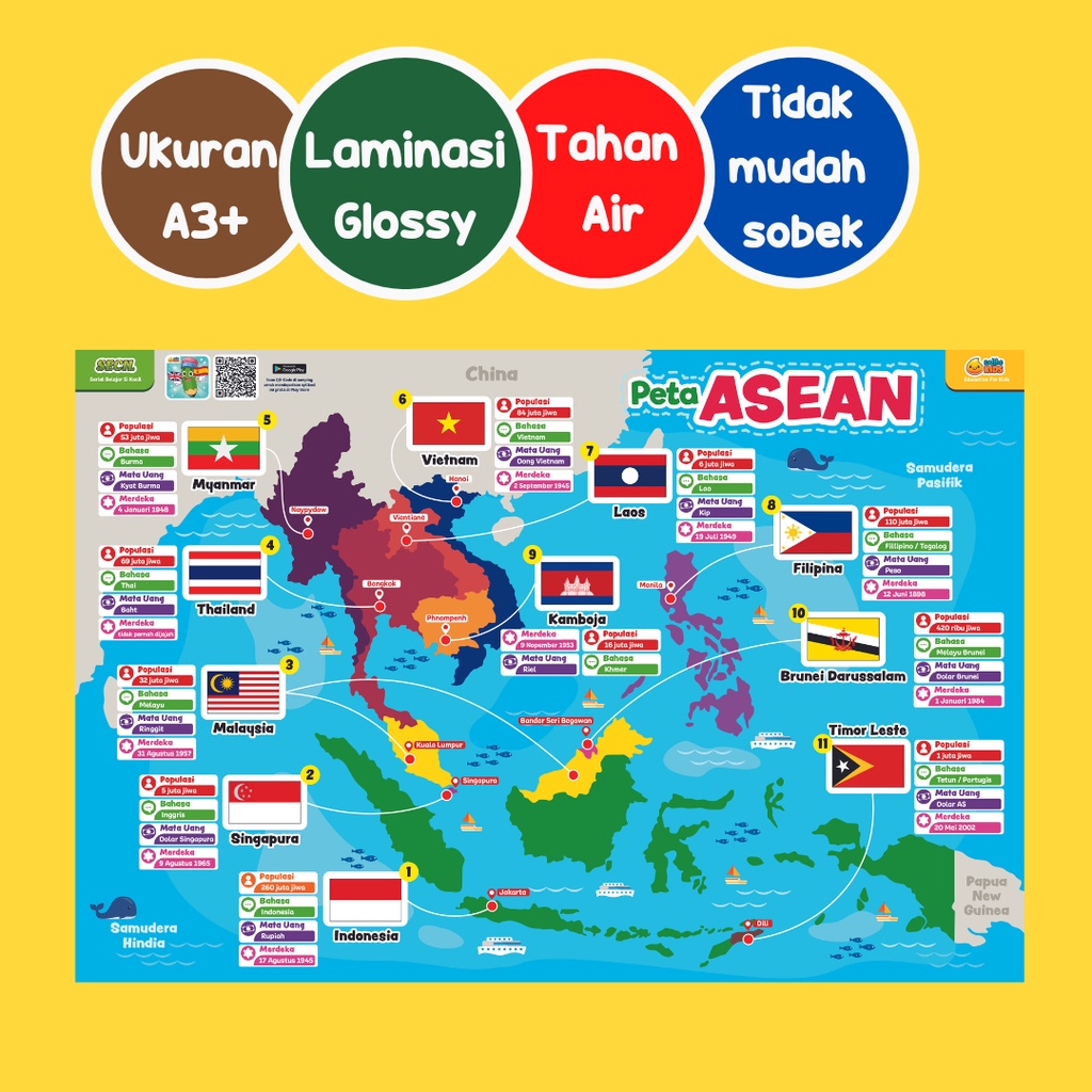 Secil Mainan | Poster Belajar Anak Usia SD Wipe and Clean SECIL Peta ASEAN Peta Asia Tenggara PREMIU