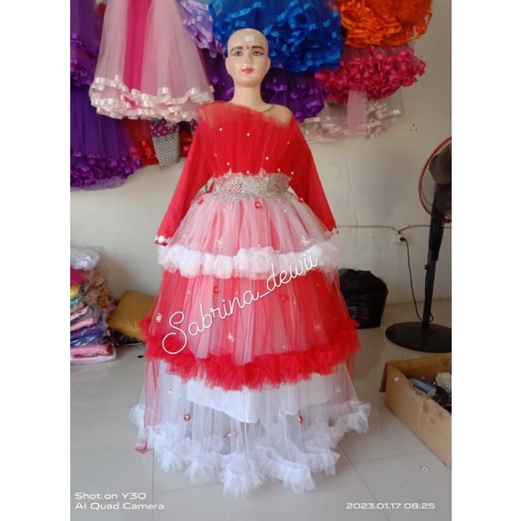 gaun tutu mewah layers merah putih/ gaun fashionshow