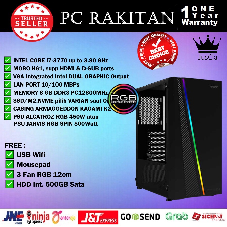 Komputer Intel Core i7-3770 3,4GHz 4Cores|RAM 8GB|SSD 512GB SATA|WiFi, Komputer Rakitan, PC Admin/Office Baru Bergaransi 1 Tahun