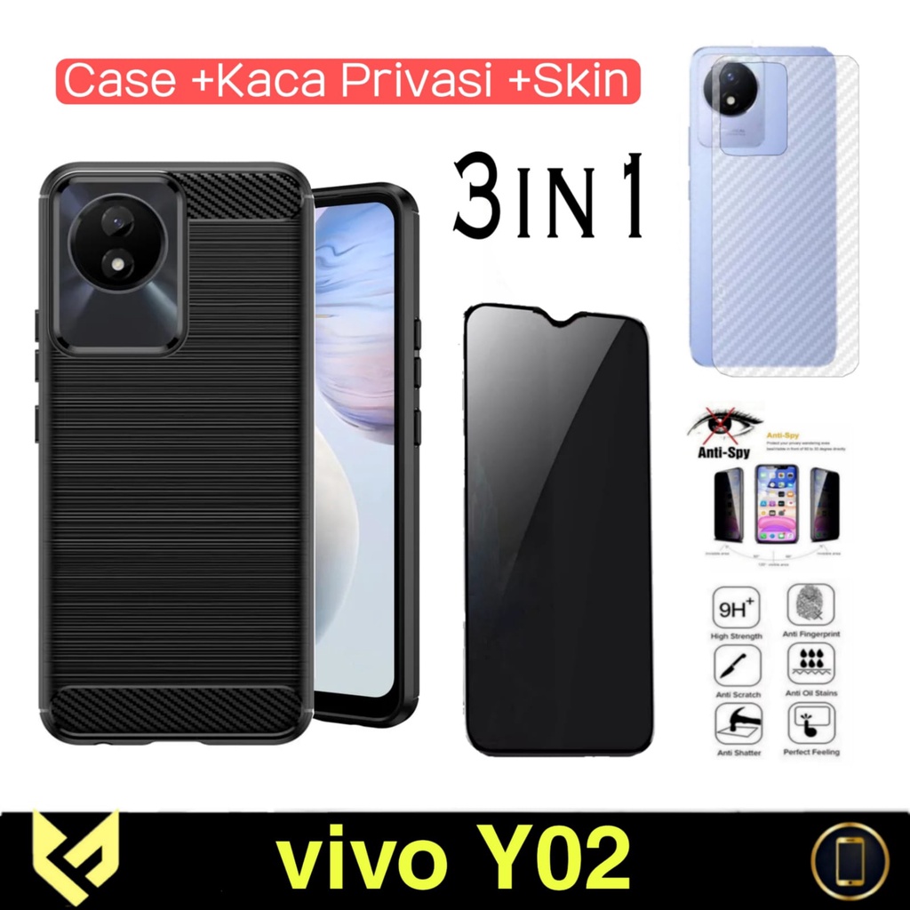 Promo Paket 3in1 Case Ipaky Carbon Premium For VIVO Y02 Free Anti Gores Layar &amp; Garskin Carbon Cover Back Body Handphone