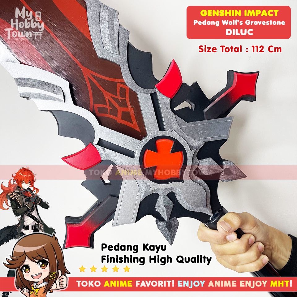 Replika Pedang Kayu Genshin Impact Wolf's Gravestone Diluc Cosplay Property