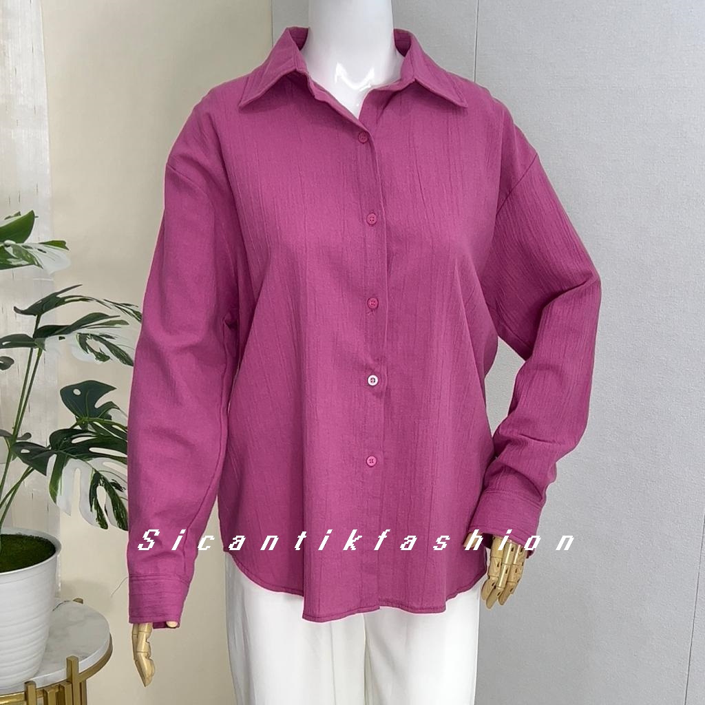 Kemeja Linen Crinkle Oversize Wanita Lengan Panjang Polos