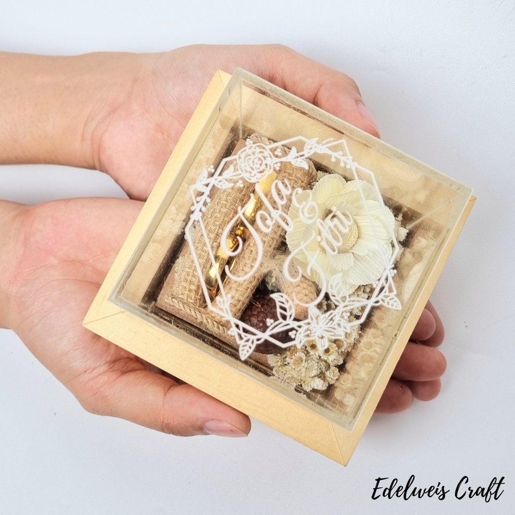 (Ready Stock) Hantaran Mini Kotak dan Rounded Cincin Pernikahan Kayu Akrilik Gaya Rustic bonus Custom Nama