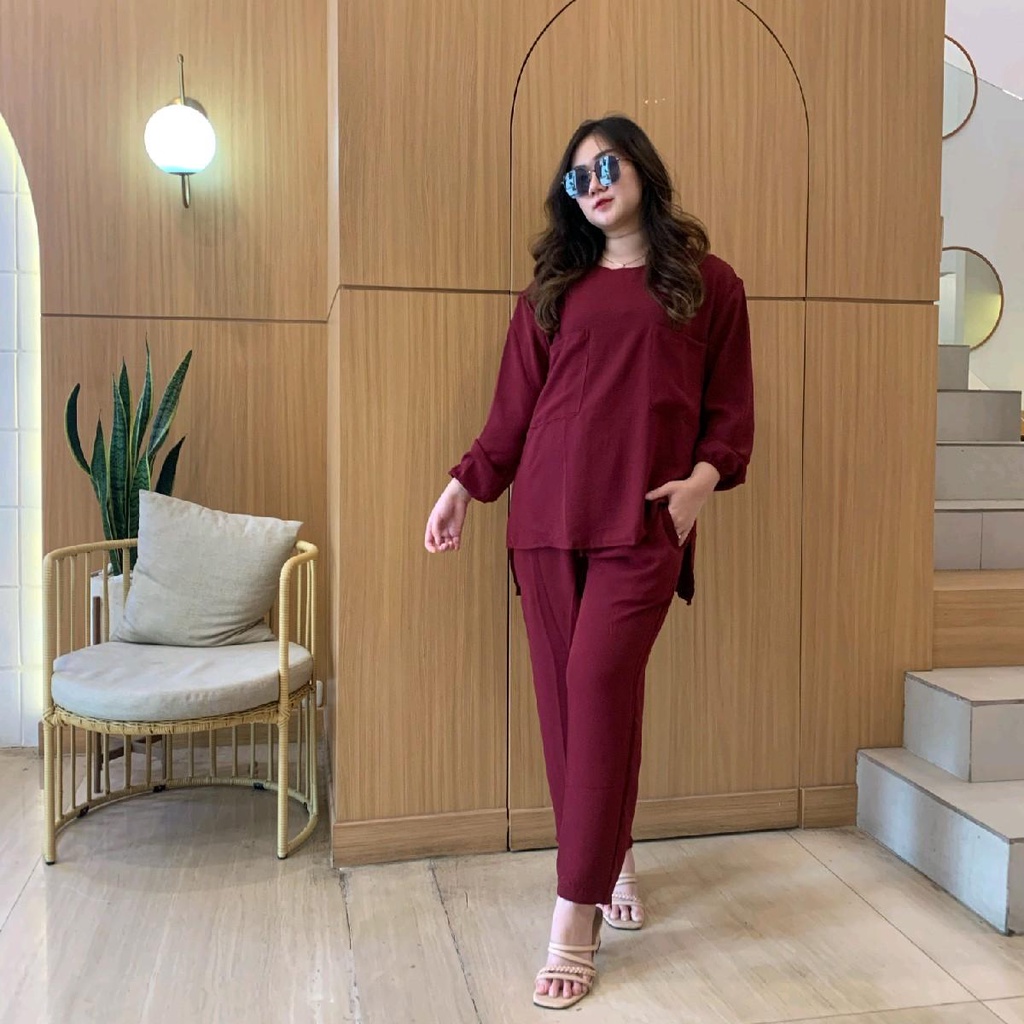 AVE Set Cey crinkle double pocket lengan panjang
