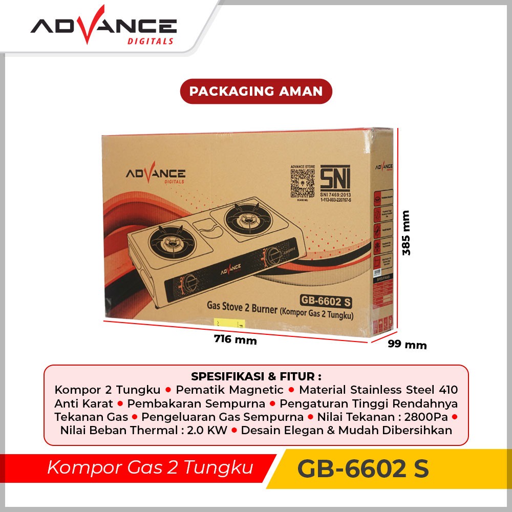 KOMPOR GAS ADVANCE GB-6602 S KOMPOR GAS 2 TUNGKU / KOMPOR 2 TUNGKU / KOMPOR 2 TUNGKU MURAH / KOMPOR GAS 2 TUNGKU MURAH | Kompor Gas 2 Tungku Body Stainless Steel 410 Tahan Karat ADVANCE GB-6602S | FMS