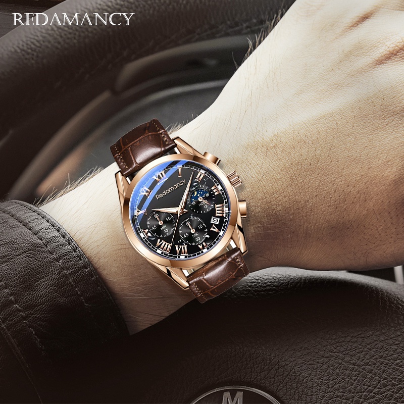 Redamancy Jam Tangan Pria Original Anti Air Kulit Tahan  Hitam Coklat Luxury Chronograph Watch Men Multifungsi