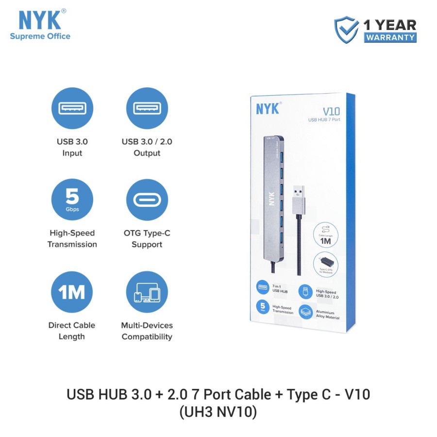 NYK V10 USB HUB 7 PORT USB 3.0 + 2.0 1 METER CABLE Panjang Kabel 1M