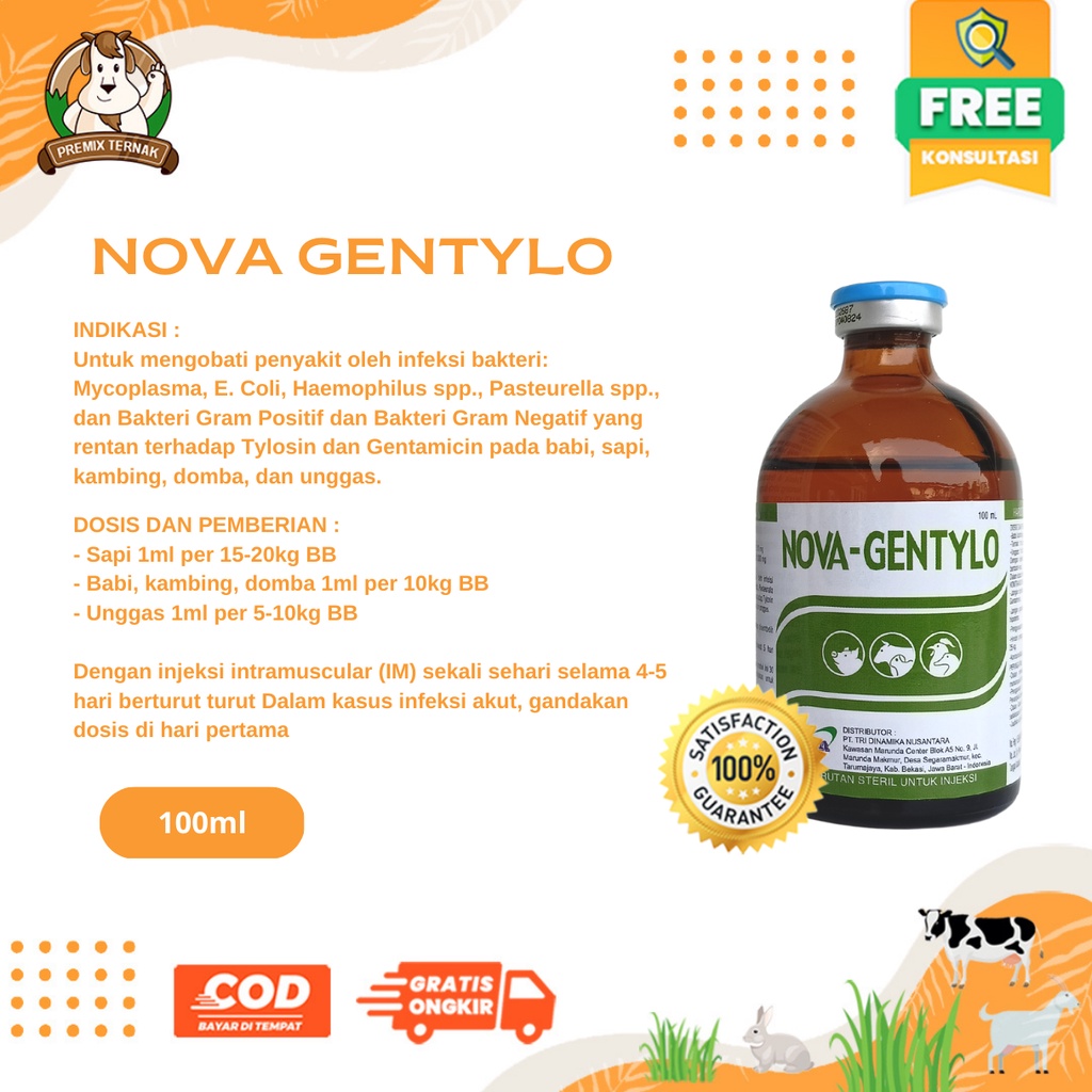 NOVA GENTYLO 100ml - Antibiotik Infeksi Bakteri Spektrum Luas Untuk Sapi Kambing Babi Unggas - Anova - Premix Ternak