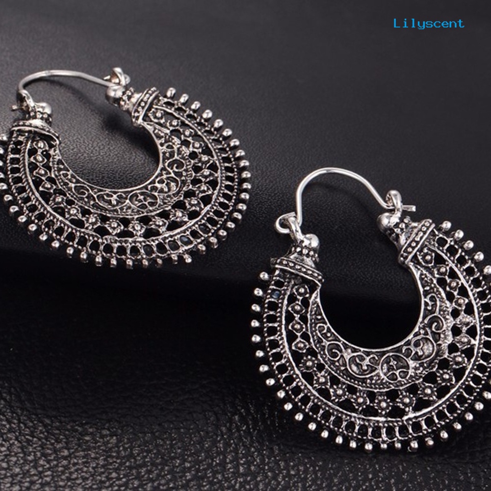 [LS] Retro Etnik Berongga Keluar Ukiran U Berbentuk Keranjang Wanita Kawat Hoop Drop Earrings