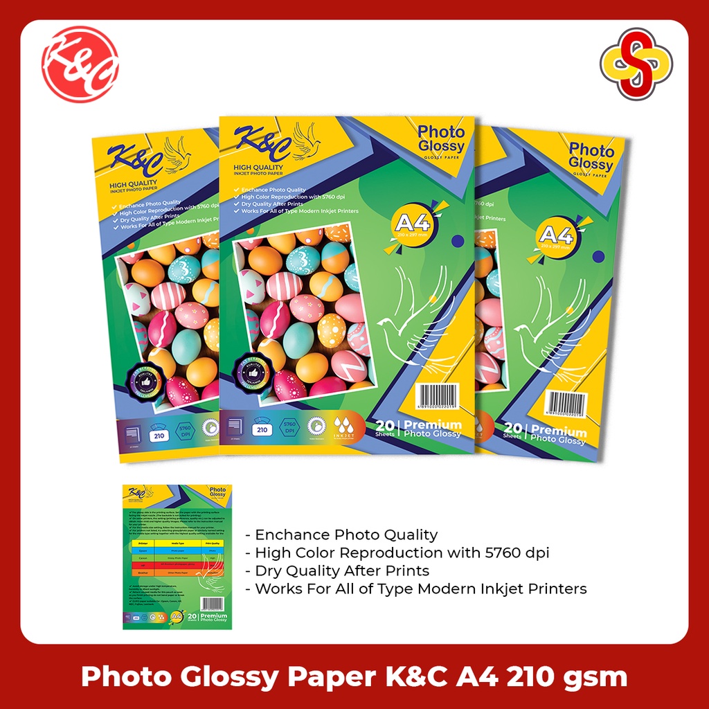 Glossy Paper Photo / Kertas Foto Mengkilap K&amp;C A4 210 gsm Isi 20 Lembar