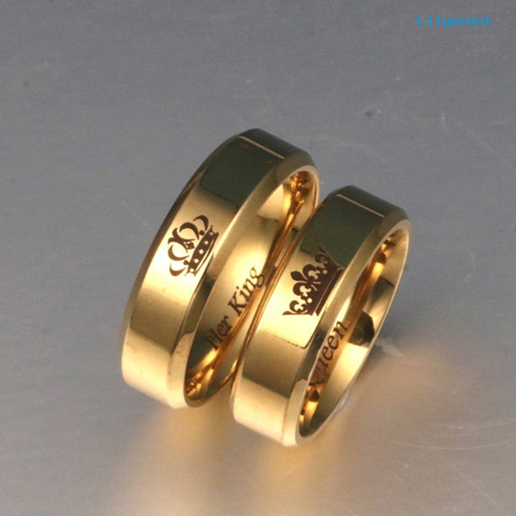[LS] Cincin Pasangan His Queen Her King Crown Bahan Titanium Steel Huruf Ukiran Kekasih Cincin Perhiasan Untuk Tunangan