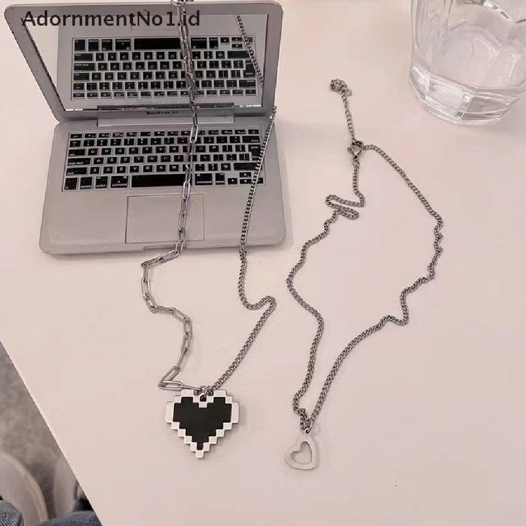 [AdornmentNo1] Mosaik Hitam Cinta pixel peach Jantung Liontin double layered Ribbon Gothic Hip Hop Rantai Perhiasan Panjang Kalung Pria Dan Wanita Kalung [ID]