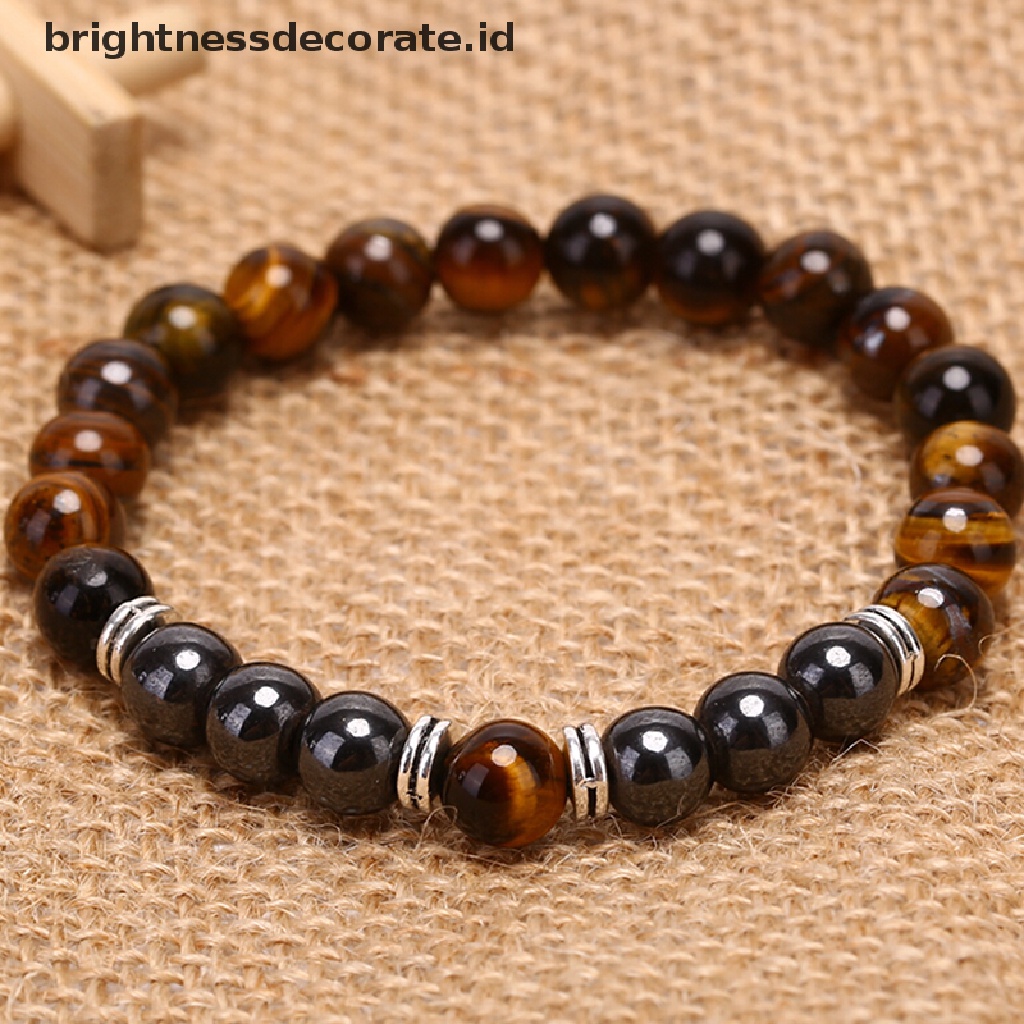 [Birth] Batu Alam Tiger Eye Beads Hematite Stretch Gelang Pria Pesona Bangle Perhiasan [ID]