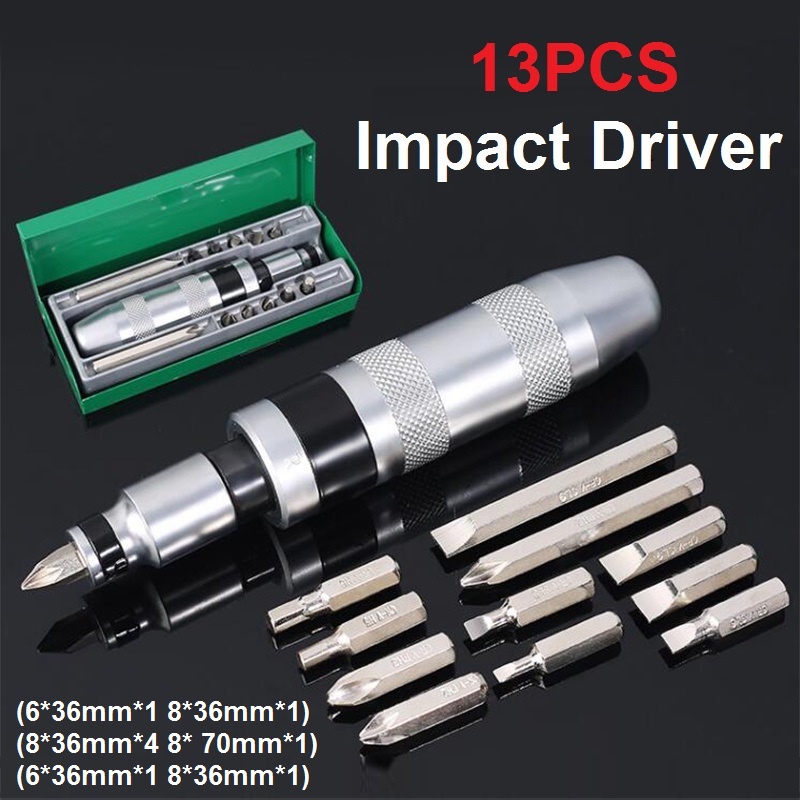 Obeng Ketok Set 13pcs Obeng Getok Putar Set Impact Driver S2 Drill Bit Bahan Non-Karat Impact Screwdriver Set Box Besi Vessel