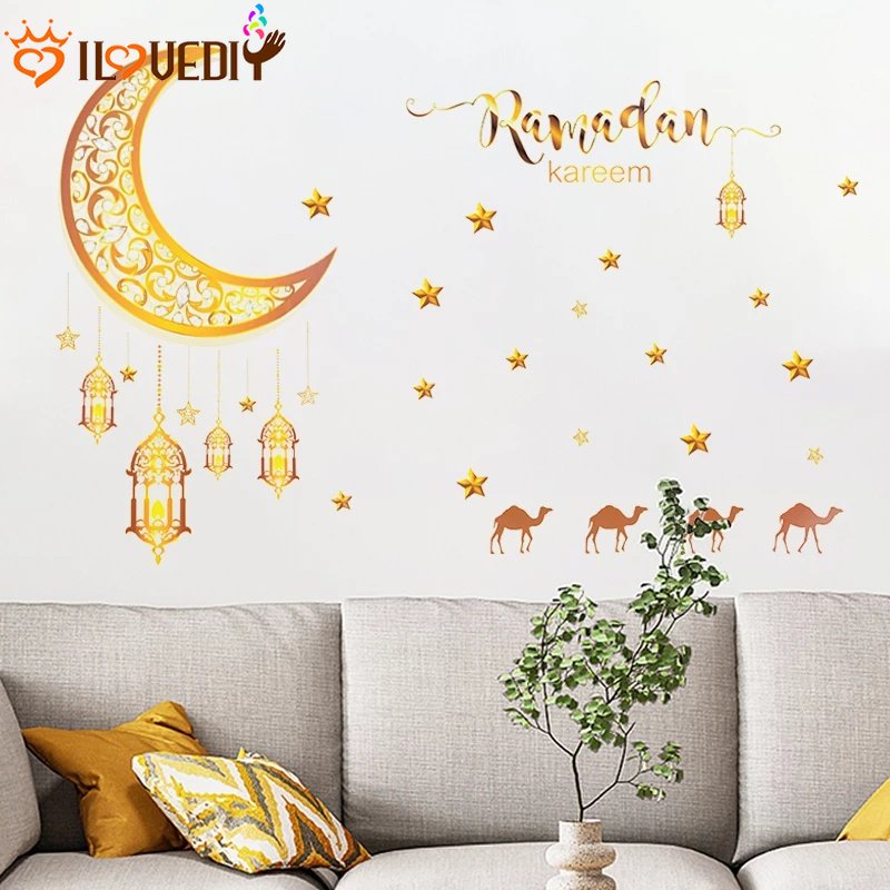 Ramadhan Lebaran Stiker Dinding Festival Pesta Dekorasi Perlengkapan Bulan Bintang Lentera Dinding Decal Self-adhesive Diukir Wallpaper Tahan Debu Dekorasi Seni Indoor