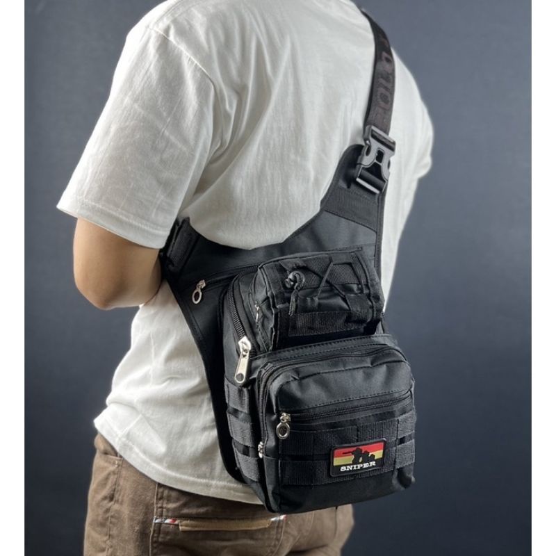 Tas Pria Tactical Military Hitam Polos TAC5501 Tas Selempang Pinggang Paha Militer