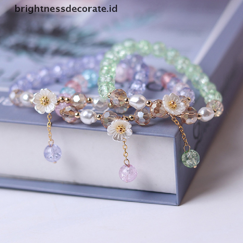 [Birth] Fashion Korea Mutiara Shell Bunga Pesona Gelang Bohemian Warna-Warni Kristal Manik-Manik Gelang Buatan Tangan Tali Elastis Wanita Perhiasan [ID]