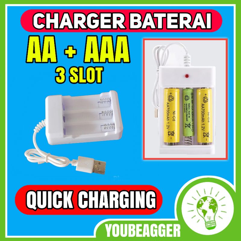 Charger Baterai AA dan AAA pakai USB 3 slot