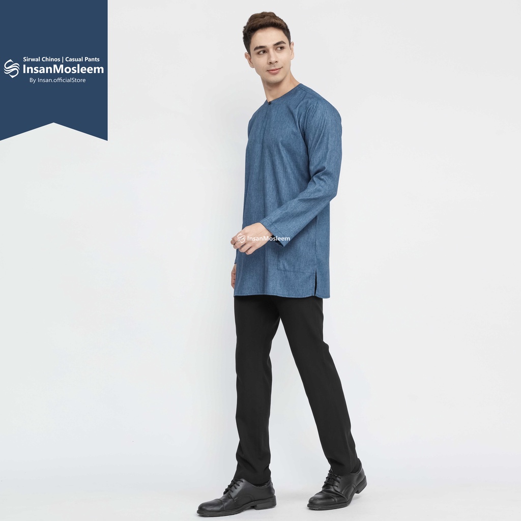 Baju Koko Kurta Pria Denim Blue - Lengan Panjang Katun Madinah Premium Best Seller