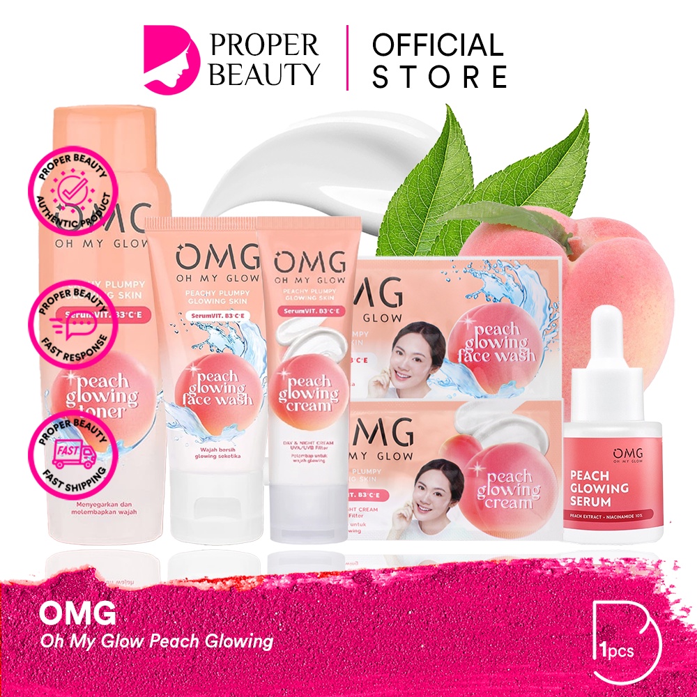 OMG Oh My Glow Peach Glowing Indonesia / Skincare Face Care / Facial Wash Cleanser Essence Toner Serum Day Night Eye Cream Moisturizer Sunscreen Mask / Body Lotion / Make Up Glam Foundation Lip Cream Matte Tint / Brightening Acne Pelembab / Paket Wajah