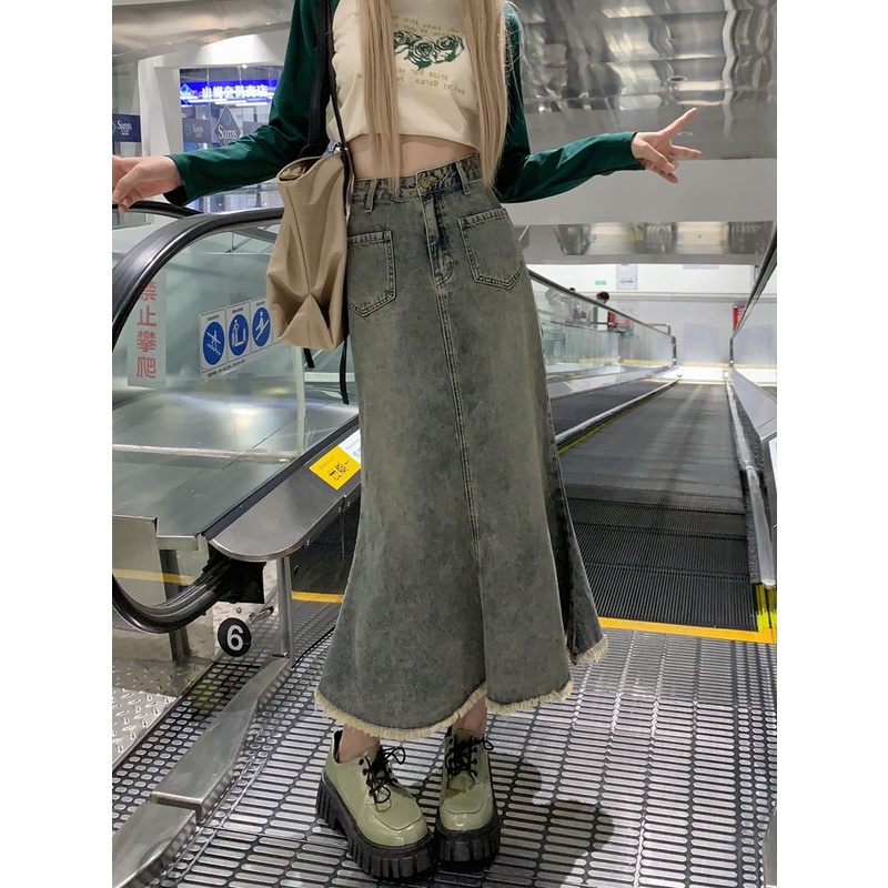 Rok denim split gaya Korea rok a-line wanita berpinggang tinggi sedang untuk menutupi rok pinggul selangkangan