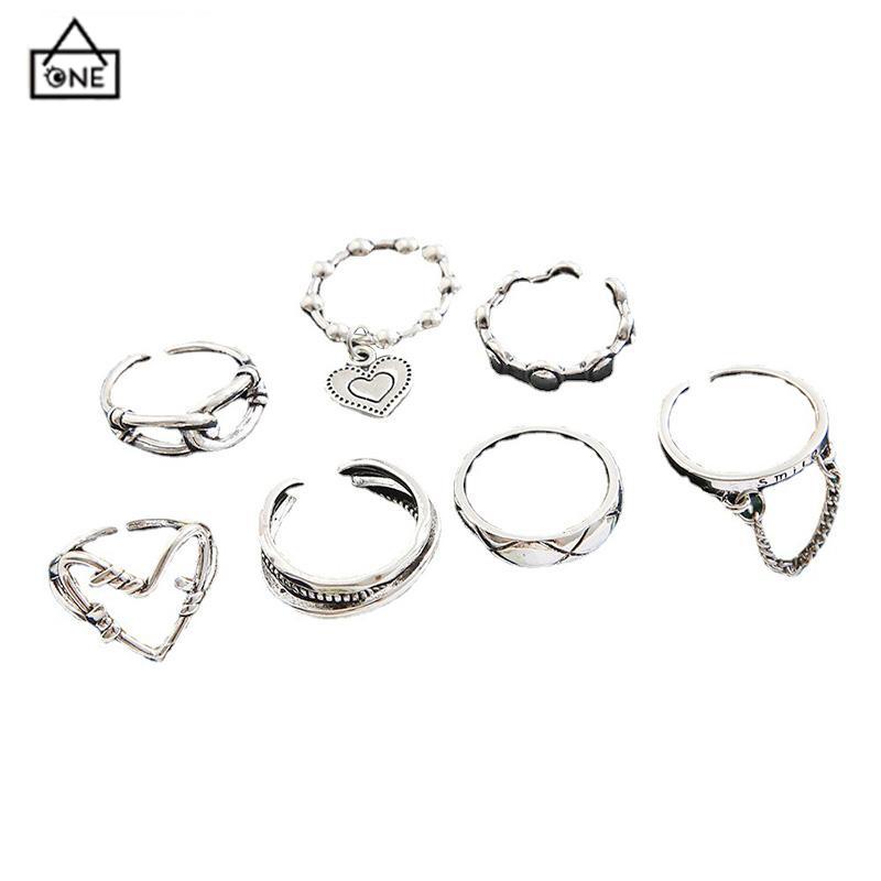 COD❤️7Pcs/Set Perhiasan Cincin Rantai Cinta Fashion Korea Vintage Adjustable Gaya Untuk Wanita-A.one